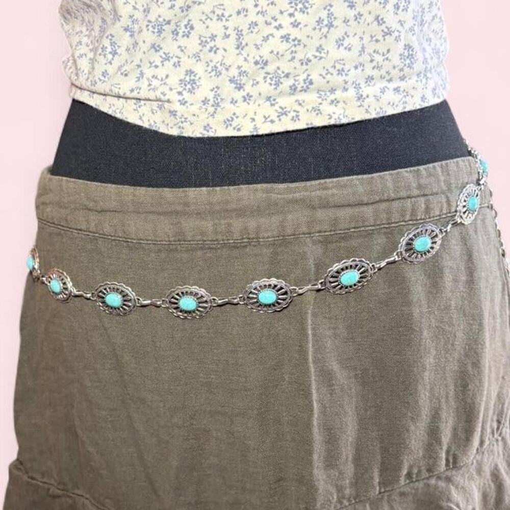 Silver-tone chain belt oval turquoise stones Y2k boho western turquoise cowgirl